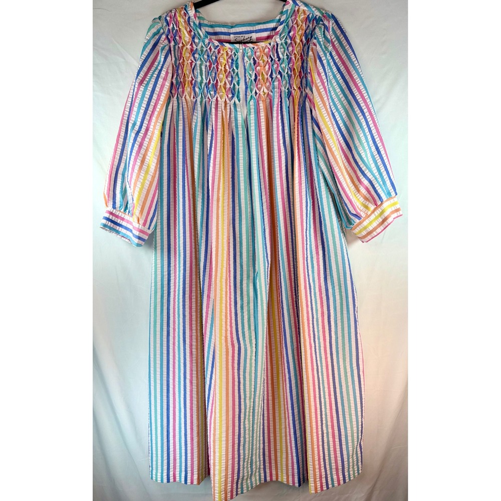 Vintage Saybury Rainbow Stripe Seersucker Smocked House Dress Zip Front Midi L